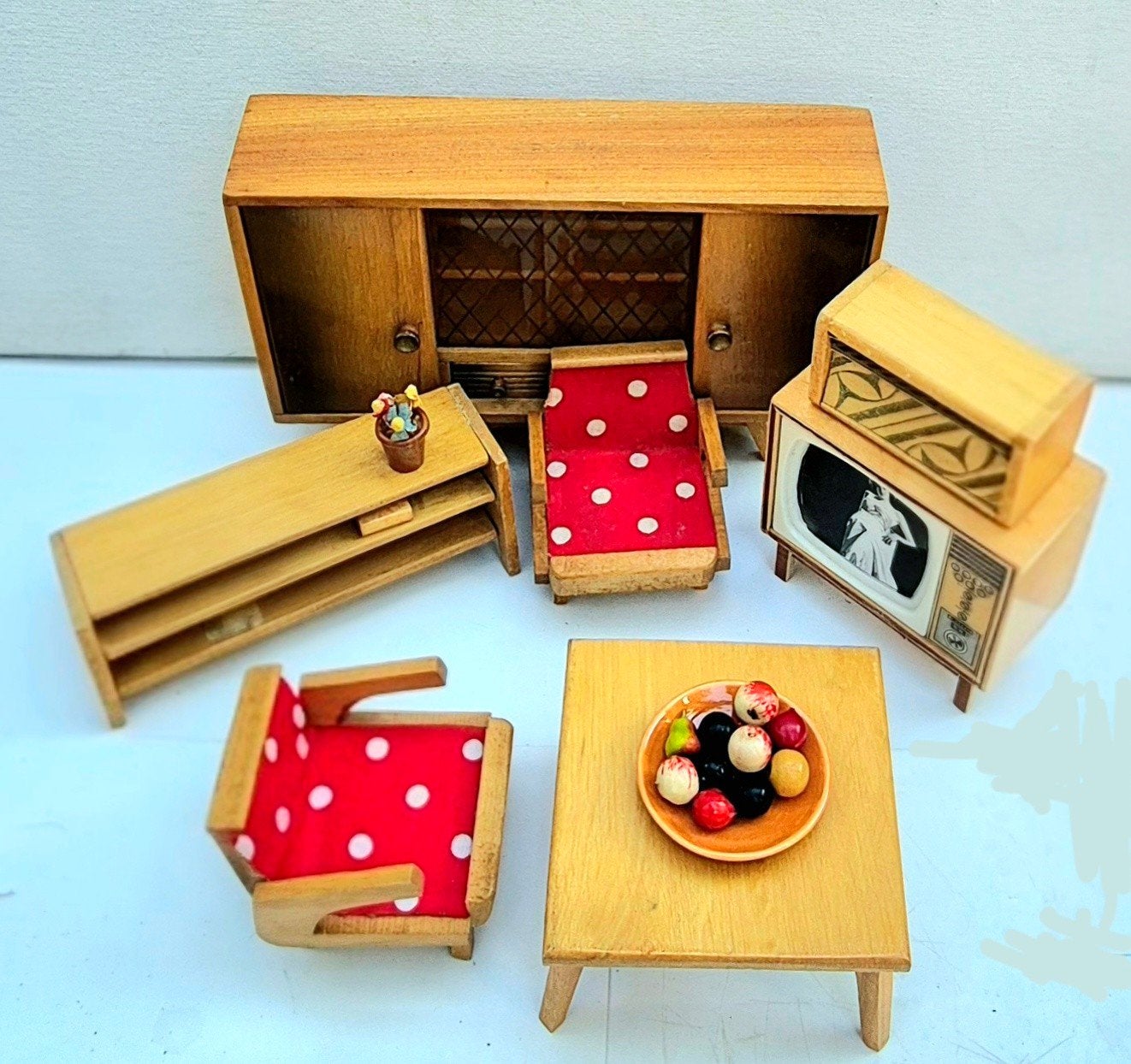 Vintage poppenhuis meubeltjes woonkamer retro jaren 50 mooi!, Ophalen of Verzenden