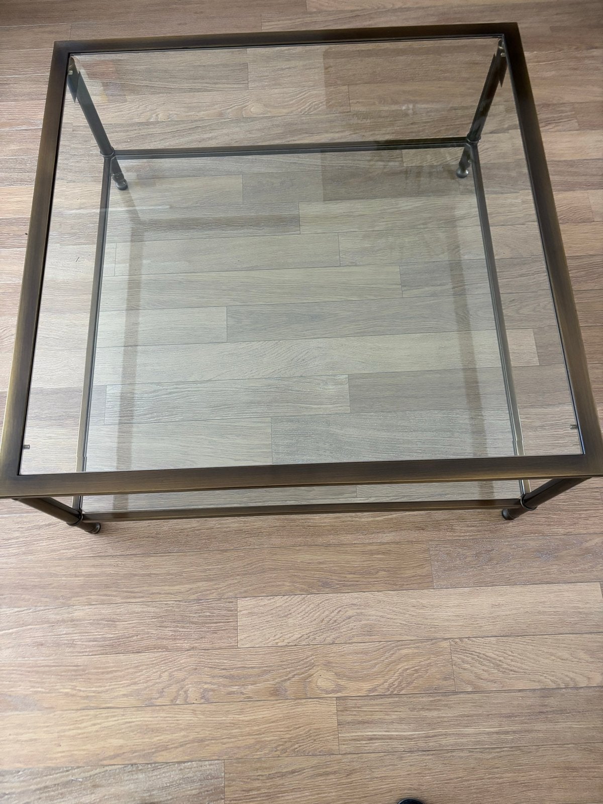 Messing salontafel met geslepen glasplaten, Ophalen, Gebruikt, Vierkant, 50 tot 100 cm