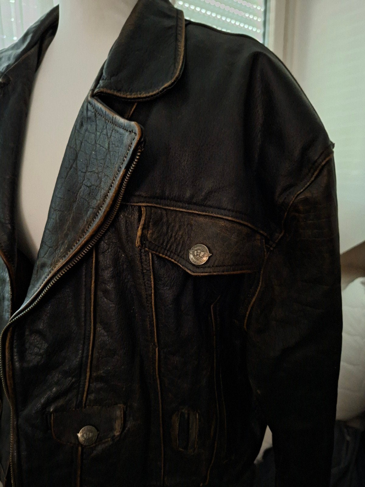 Vintage leren jas XL - Donkerbruin met unieke voering, Ophalen of Verzenden, Tweedehands, Heren, Jas | leer