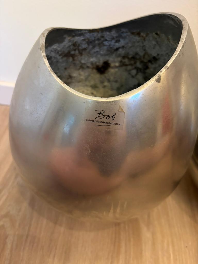 Metalen zilverkleurige bloempotten set merk ‘Bob’, Rond, Ophalen of Verzenden, Zo goed als nieuw, Metaal