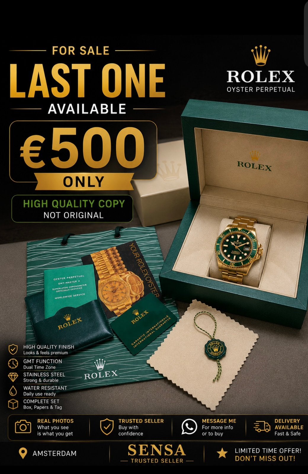 Rolex Submariner Goud Groen Horloge met Doos en Papieren, Rolex, Polshorloge, Ophalen of Verzenden, Zo goed als nieuw