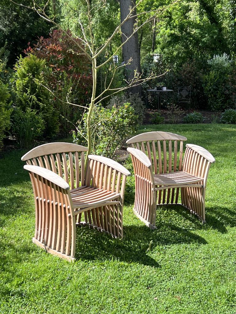 2 MBM Teakhouten Tuinstoelen / Lounge Stoelen Design Tuinset, Ophalen, Gebruikt, Teakhout