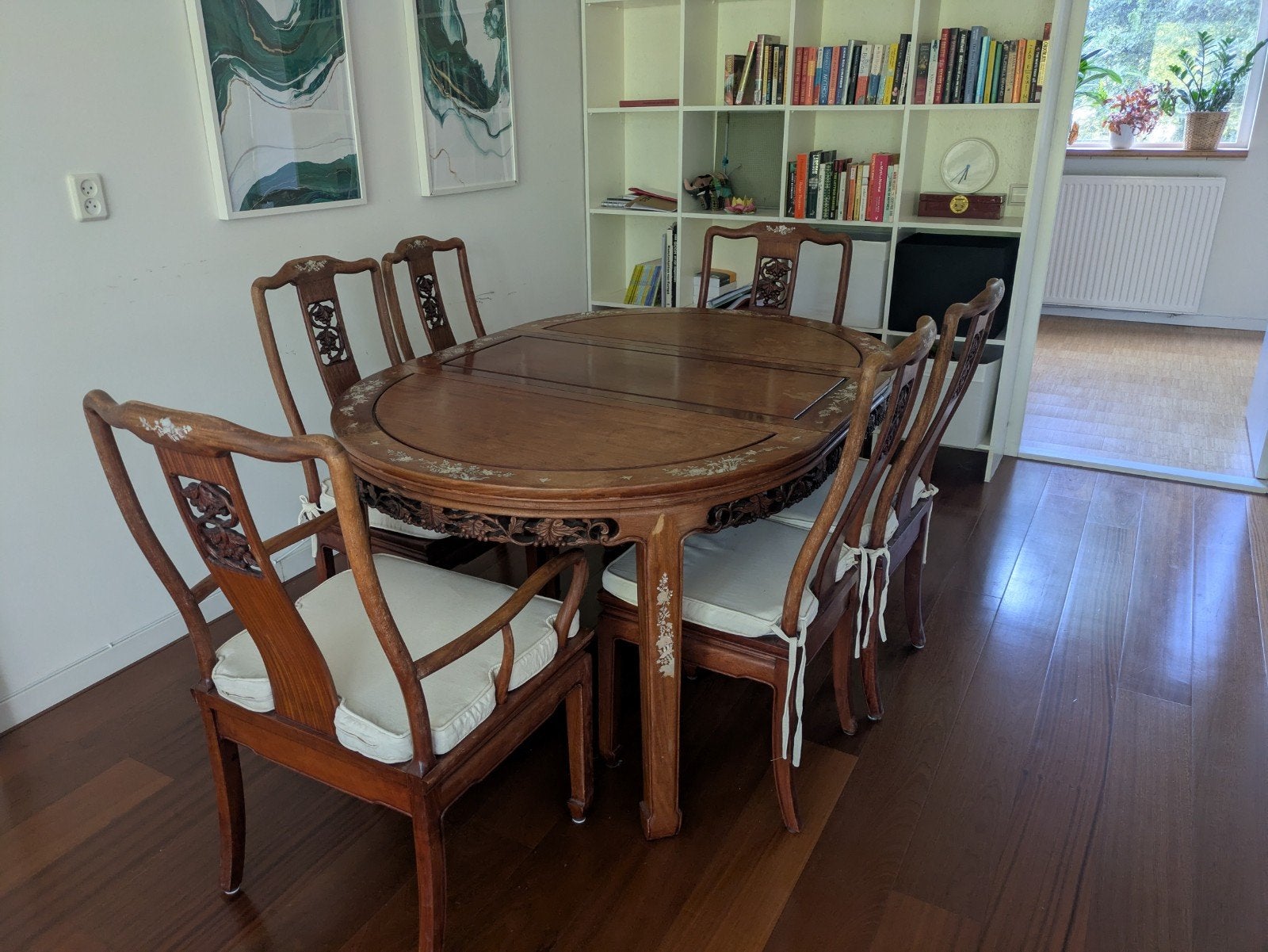Antieke Chinese eettafel met 6 stoelen, parelmoer inleg, Ophalen