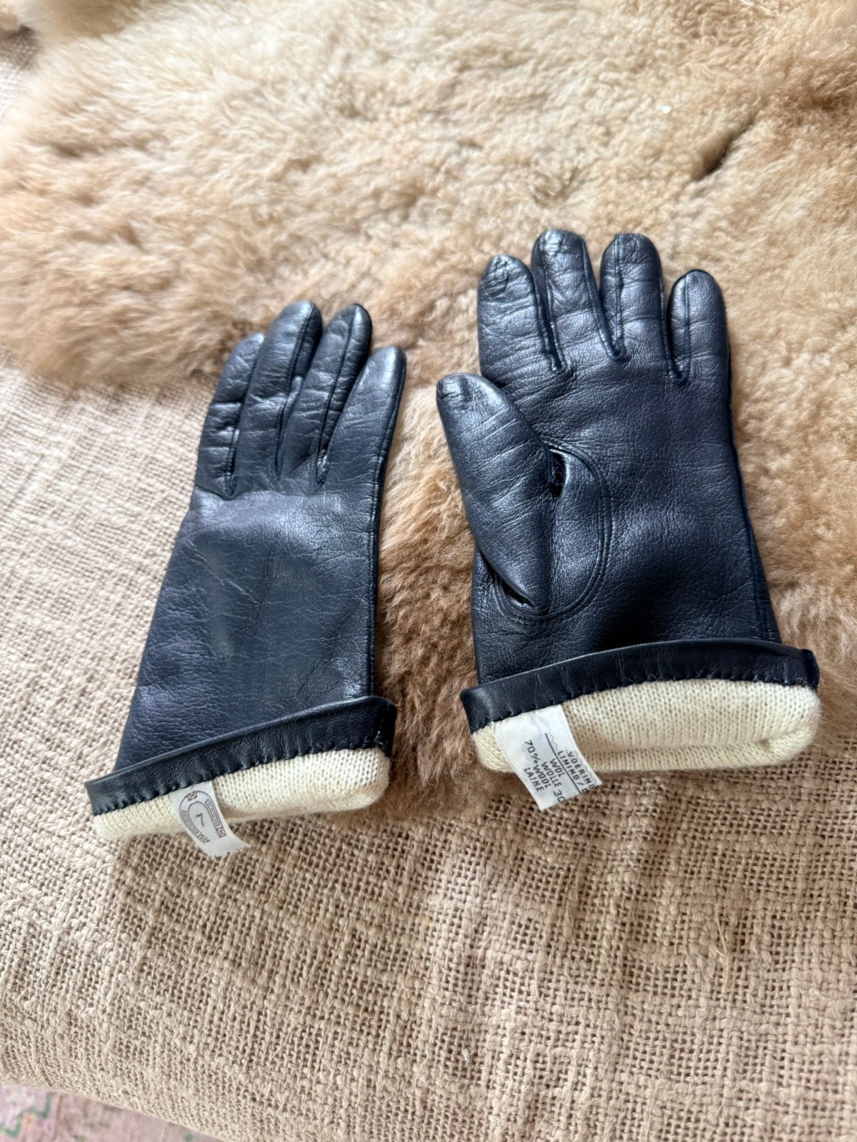 Laimbock donker blauwe lederen dames handschornen mt 7 zgan, Ophalen, Zo goed als nieuw, Maat 38/40 (M), Handschoenen