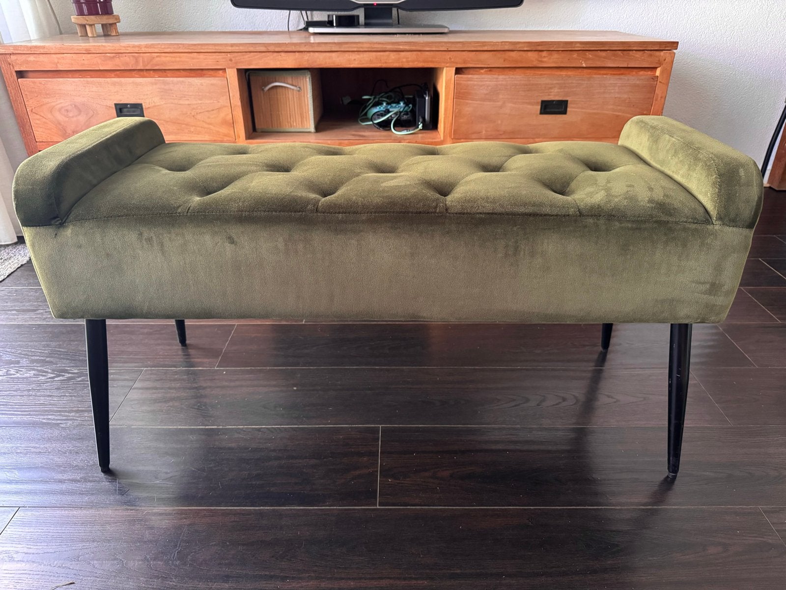 Groene fluwelen bankje met chesterfield-stijl, Ophalen, Gebruikt, Minder dan 50 cm, 100 tot 125 cm