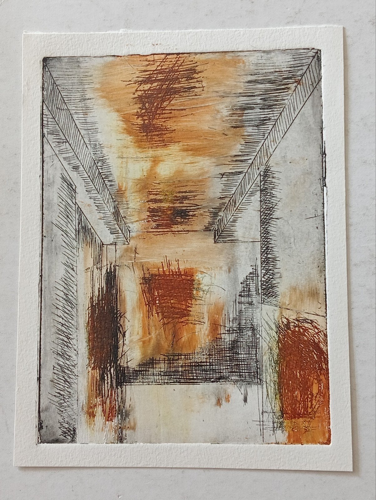 Ets aquatint (aquarel) figuur in een ruimte, Ophalen of Verzenden