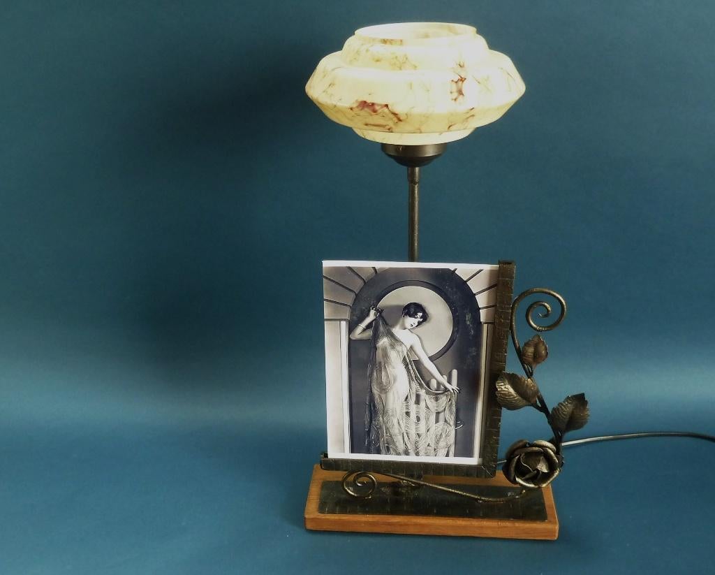 Art Deco tafellamp met fotokader François Carion, Gebruikt, 50 tot 75 cm, Art deco, Ophalen of Verzenden