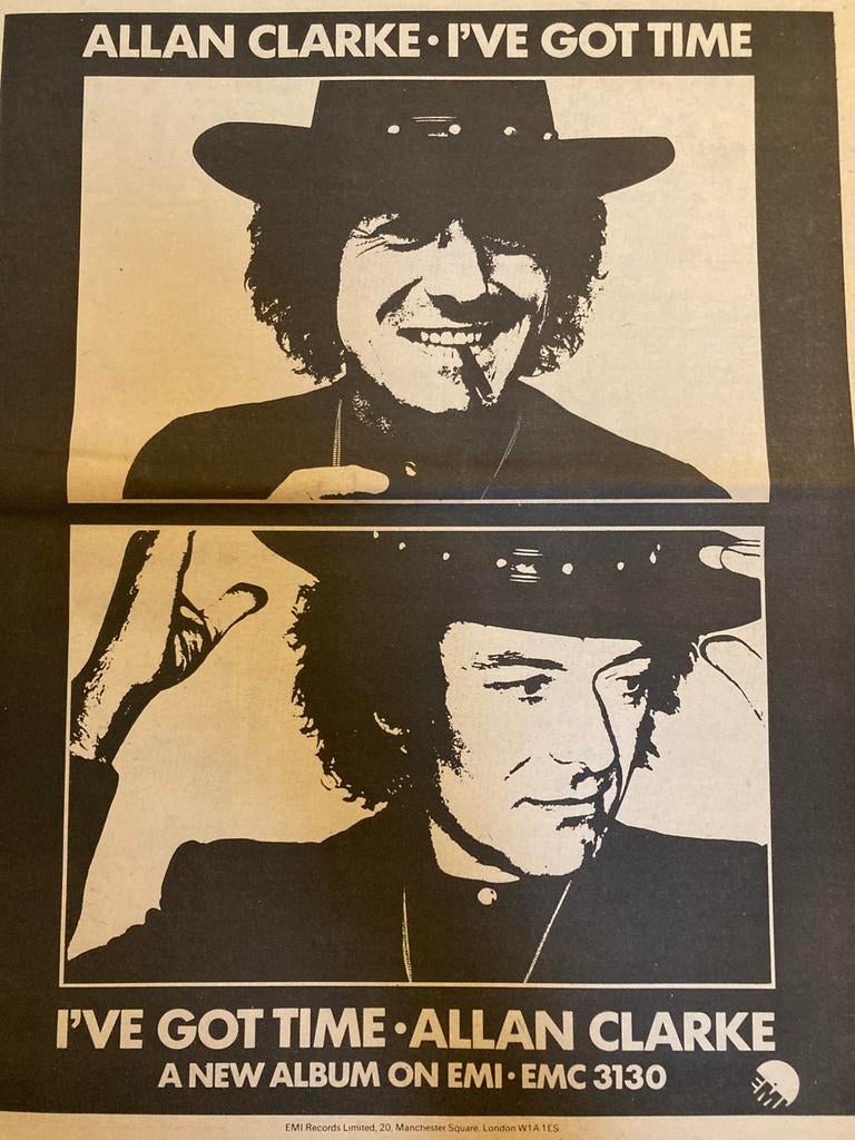 ALLAN CLARKE A3 advertentie I’ve Got Time release HOLLIES, Verzamelen, Ophalen of Verzenden, A1 t/m A3