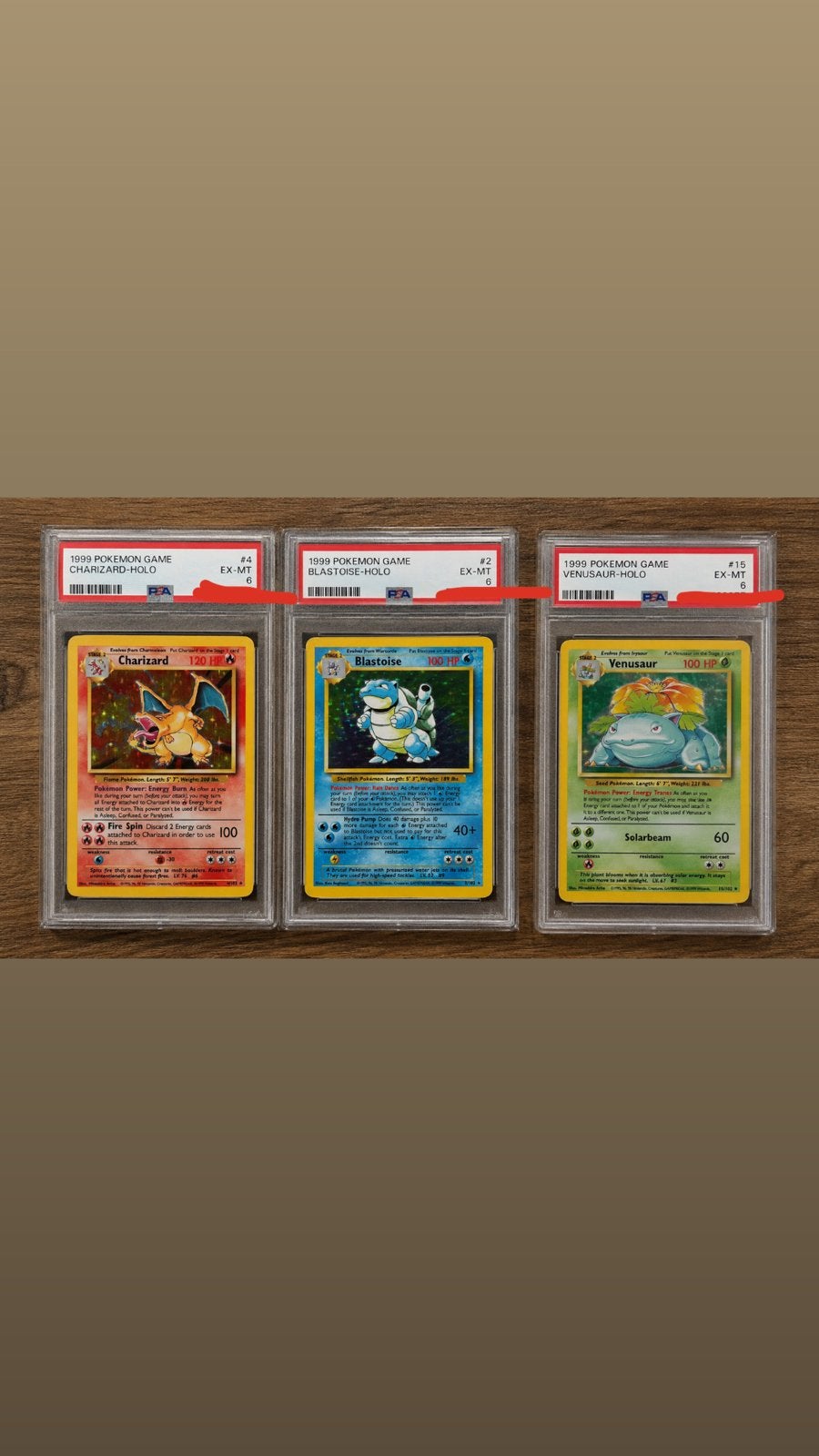 PSA 6 Charizard, Blastoise, Venusaur Holo 1999 Base Set, Hobby en Vrije tijd, Verzamelkaartspellen | Pokémon, Gebruikt, Meerdere kaarten
