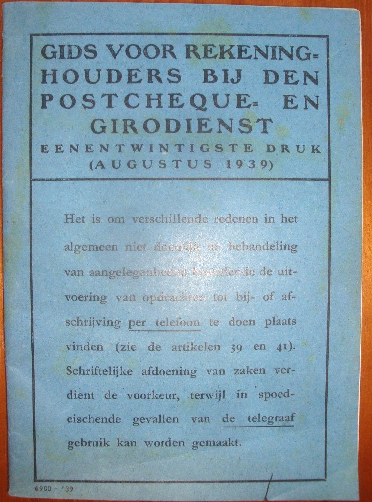1939 Gids voor rekeninghouders bij den Postcheque- en Girodi, Ophalen of Verzenden