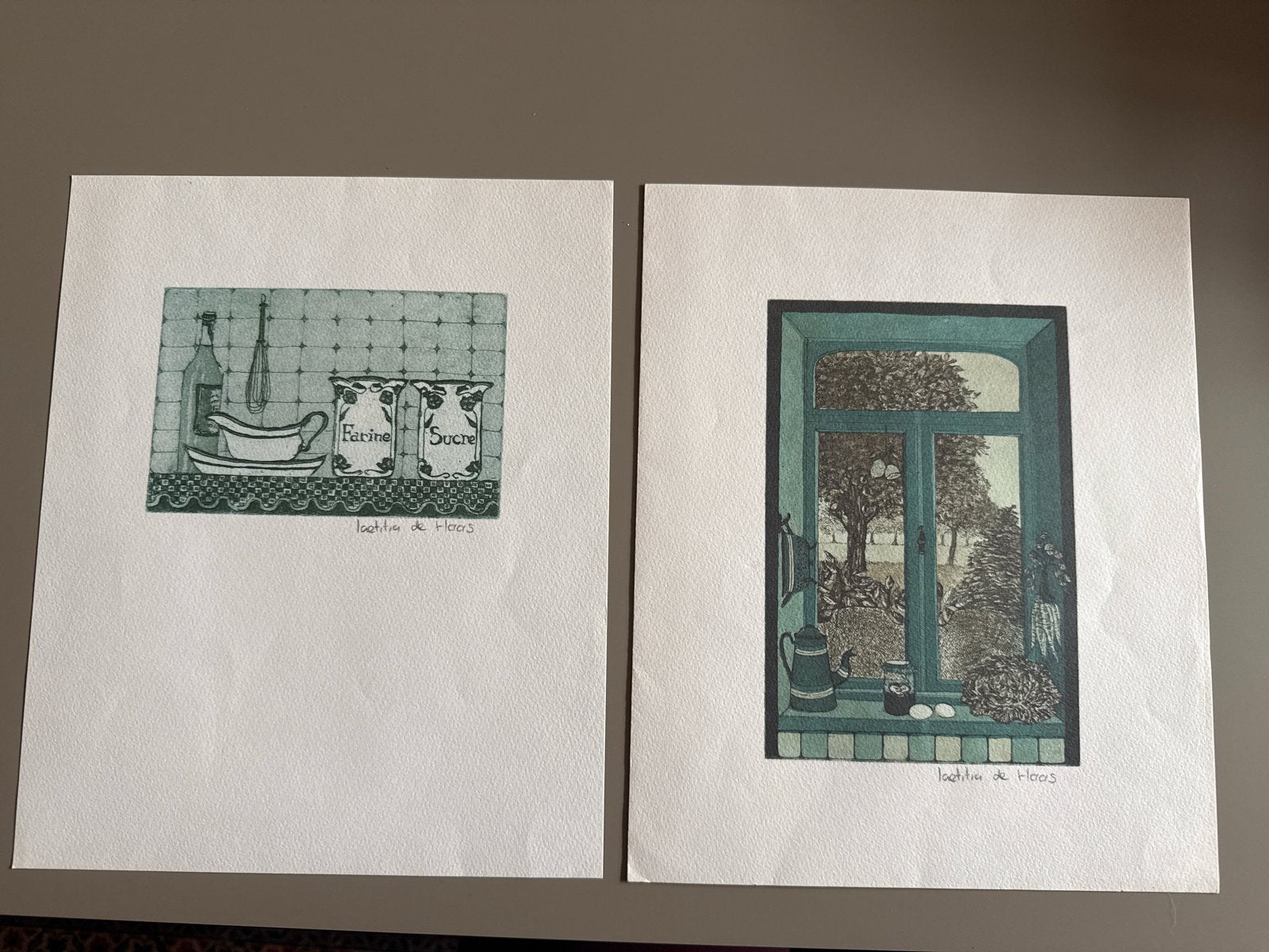 2 etsen van Laetitia de Haas (21x30 cm), Ophalen, Dagelijks leven, Origineel, 1950 - 1999