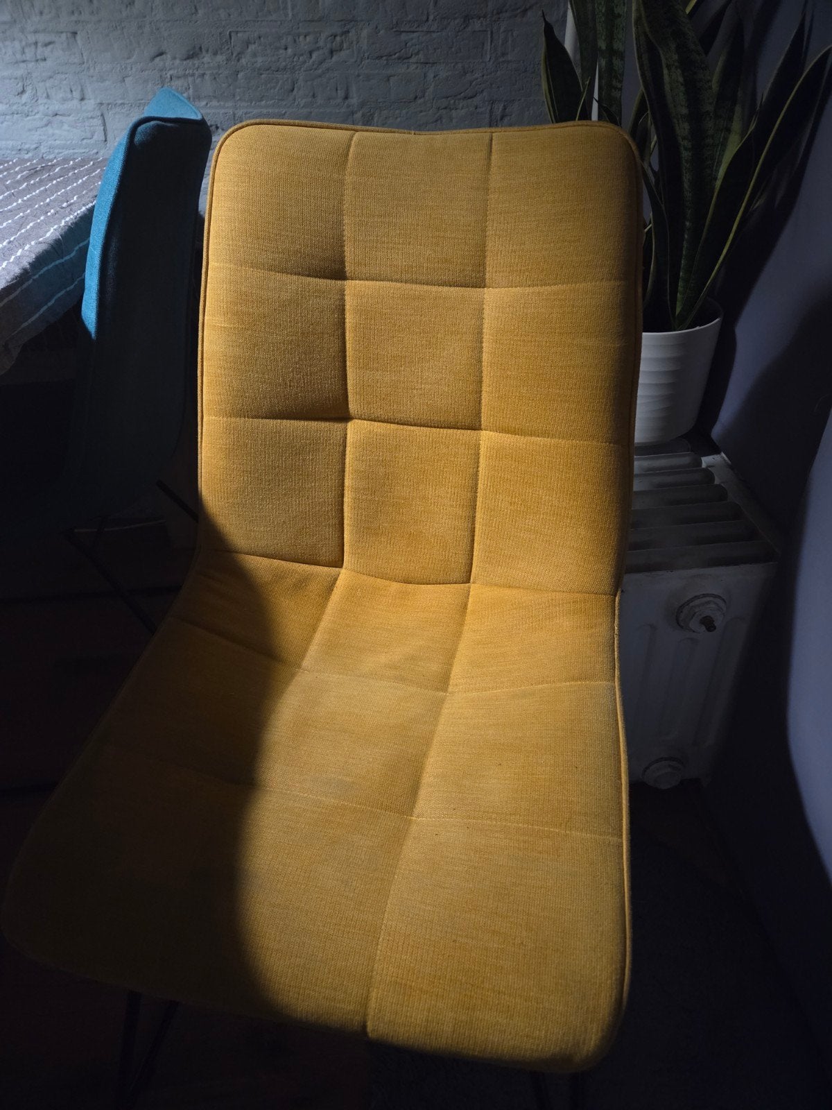 Set van 4 gestoffeerde eetkamerstoelen, geel en blauw, Ophalen, Gebruikt, Twee, Overige kleuren