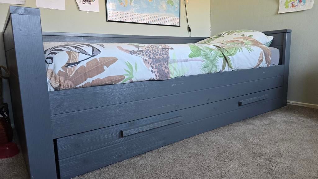 Woood Eenpersoonsbed 90x200 met uitschuifbare lade, Ophalen, 90 cm, Eenpersoons, Wit