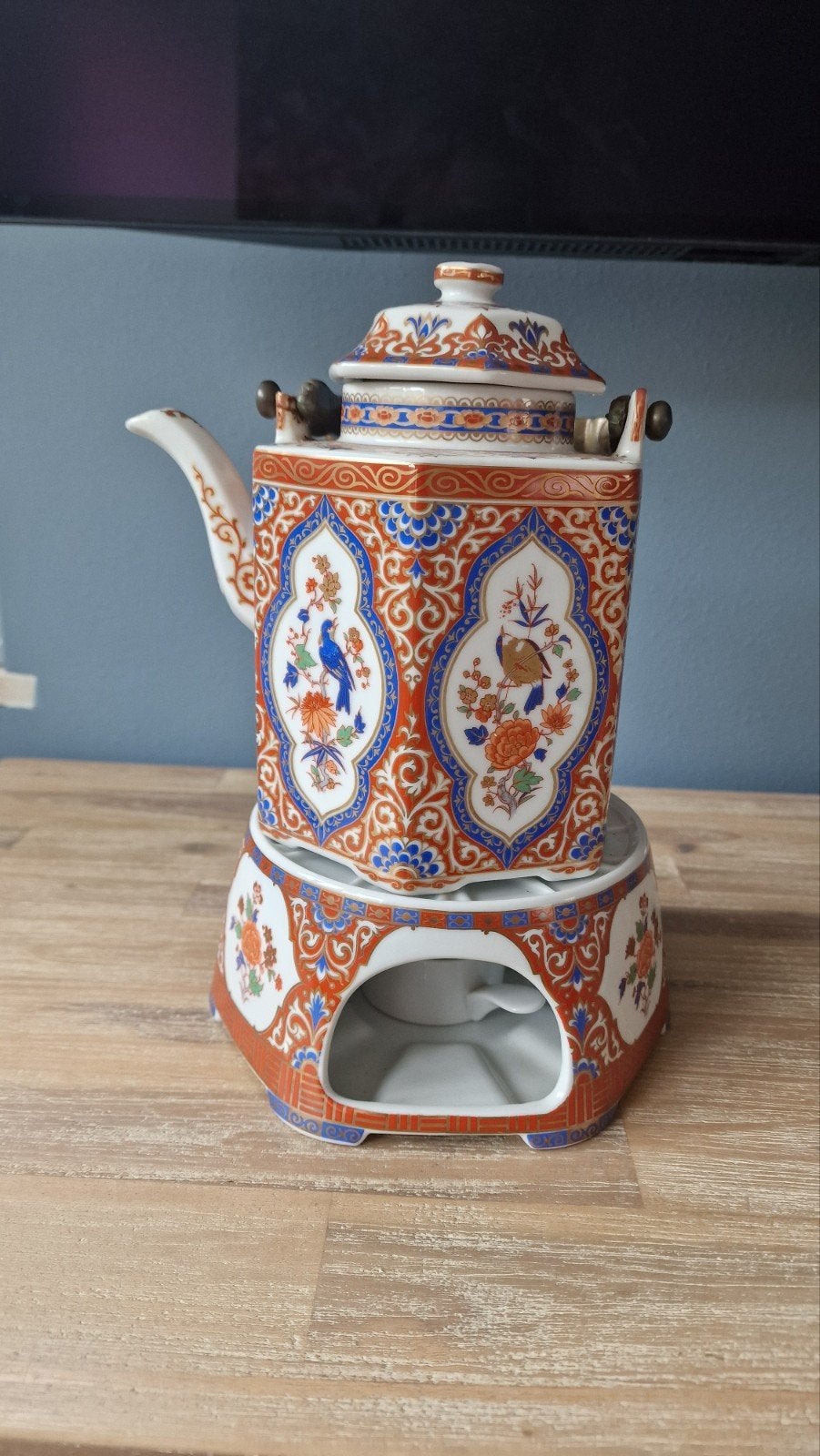 Vintage Zeshoekige Porseleinen Theepot met Theelicht, Ophalen of Verzenden