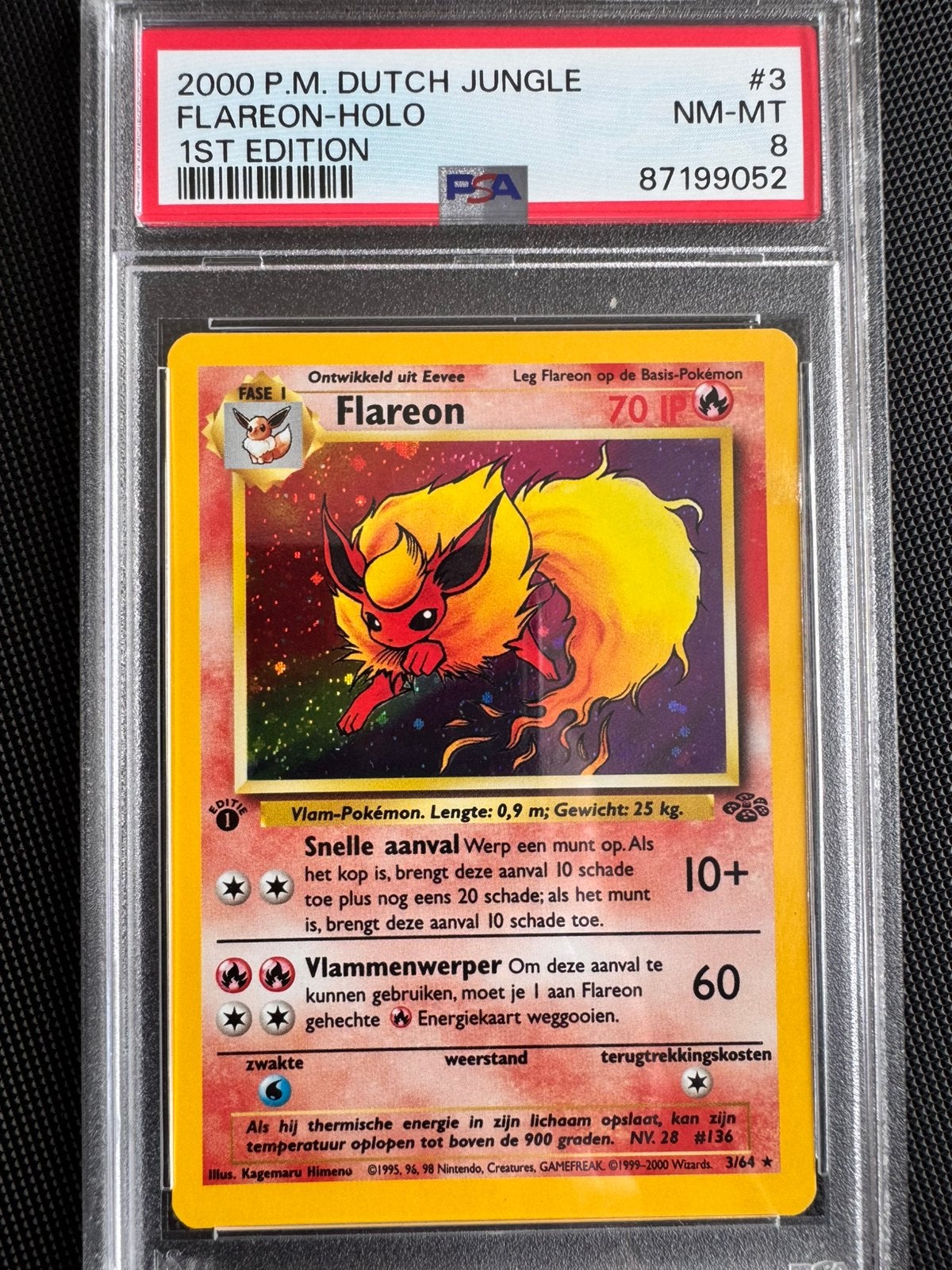 1st Edition - Flareon Jungle Holo 3/64 Dutch/Nederlands PSA8, Hobby en Vrije tijd, Ophalen, Zo goed als nieuw