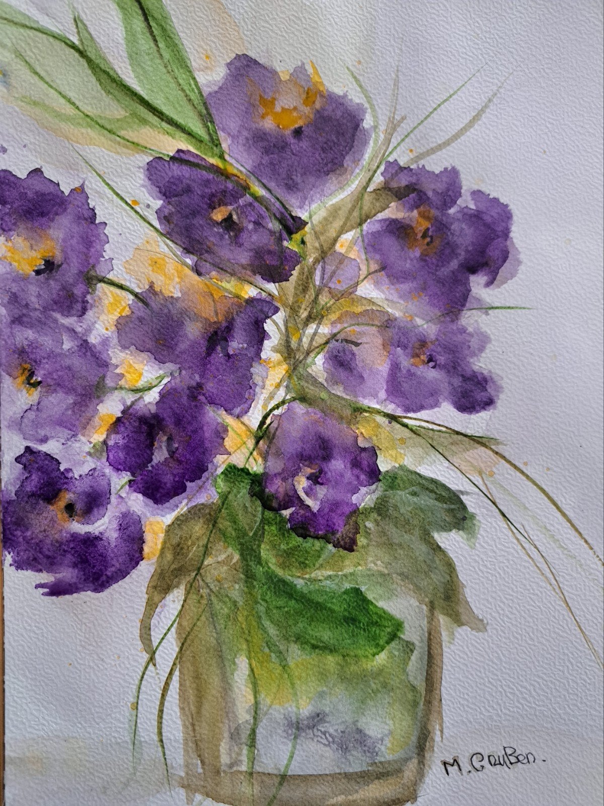 Levendige paarse bloemen aquarel schilderij, Ophalen of Verzenden