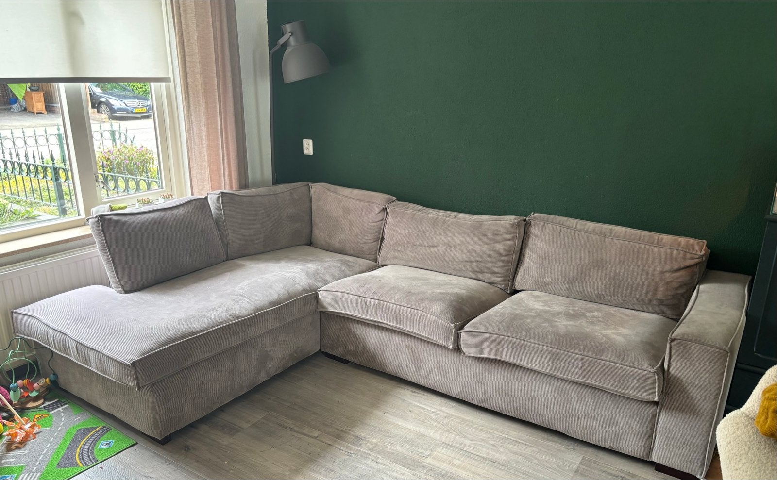 Comfortabele Hoekbank - Grijs Ribstof, Ophalen, 250 tot 300 cm, Gebruikt, 100 tot 125 cm