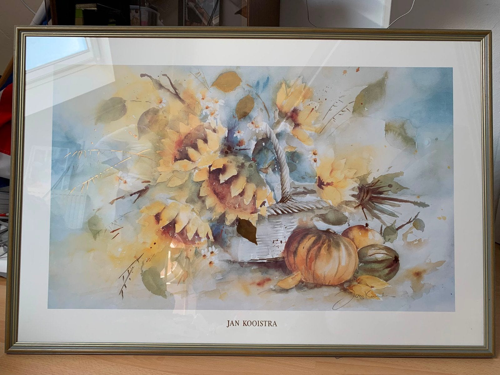 Jan Kooistra ingelijste kunstdruk - Zonnebloemen & Pompoenen, Antiek en Kunst, Aquarel, Stilleven, Papier/karton, Ophalen of Verzenden