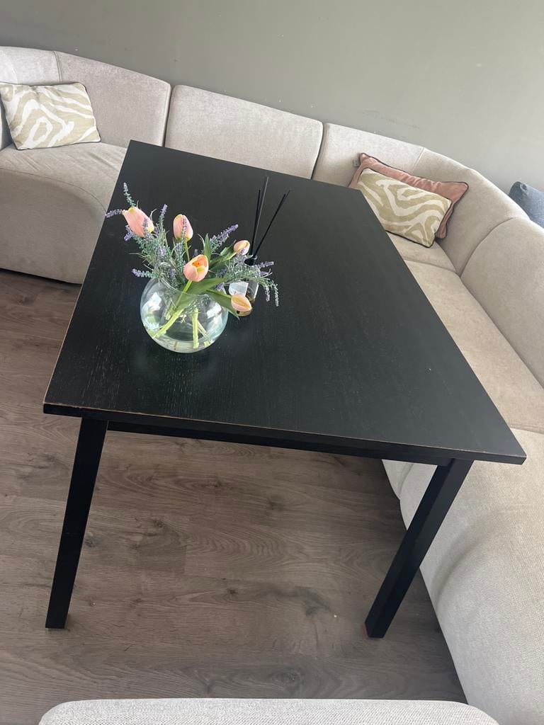 Uitschuifbare eettafel zwart houtstructuur 1.43-2.03m, Gebruikt, 100 tot 150 cm, 50 tot 75 cm, Zwart