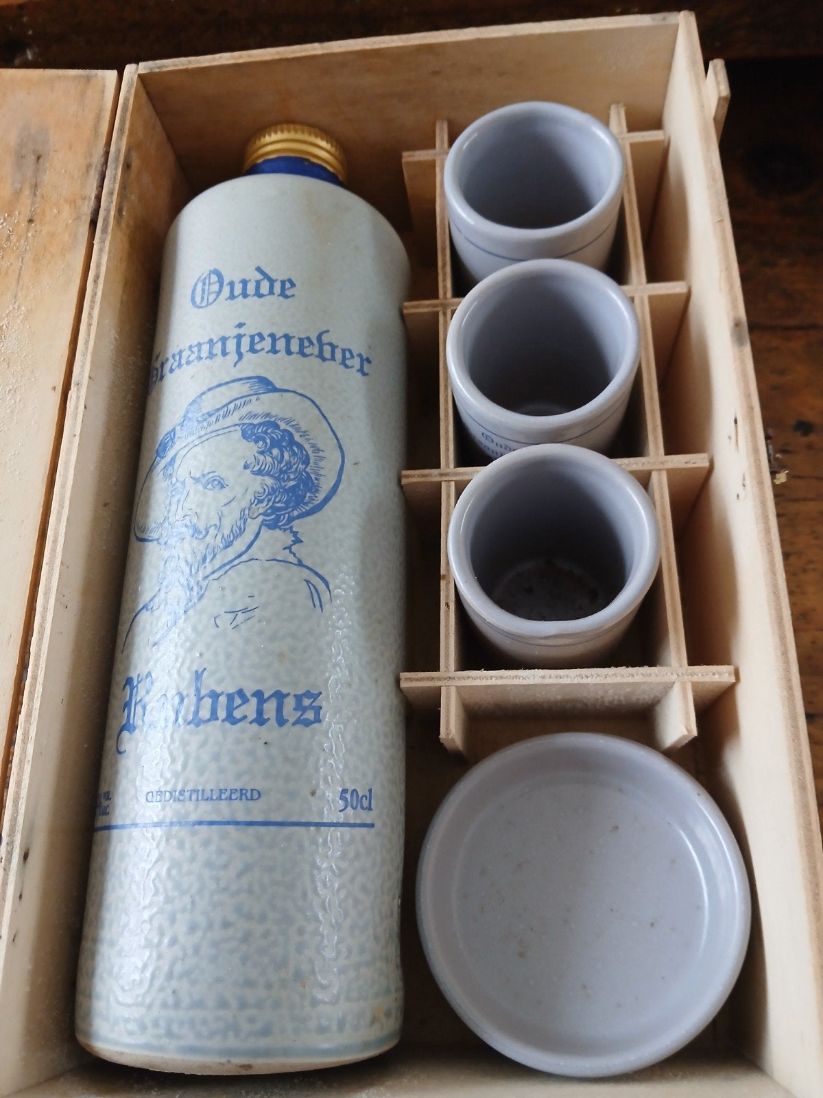 Vintage Rubens Oude Graanjenever set in houten kist, Ophalen of Verzenden