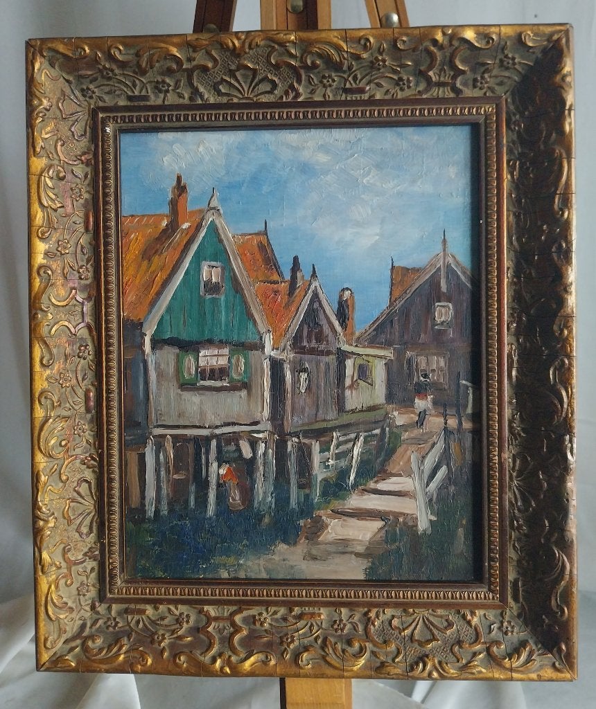 Vissersdorpje - Monogram - 1950, Antiek en Kunst, Kunst | Schilderijen | Klassiek, Ophalen of Verzenden