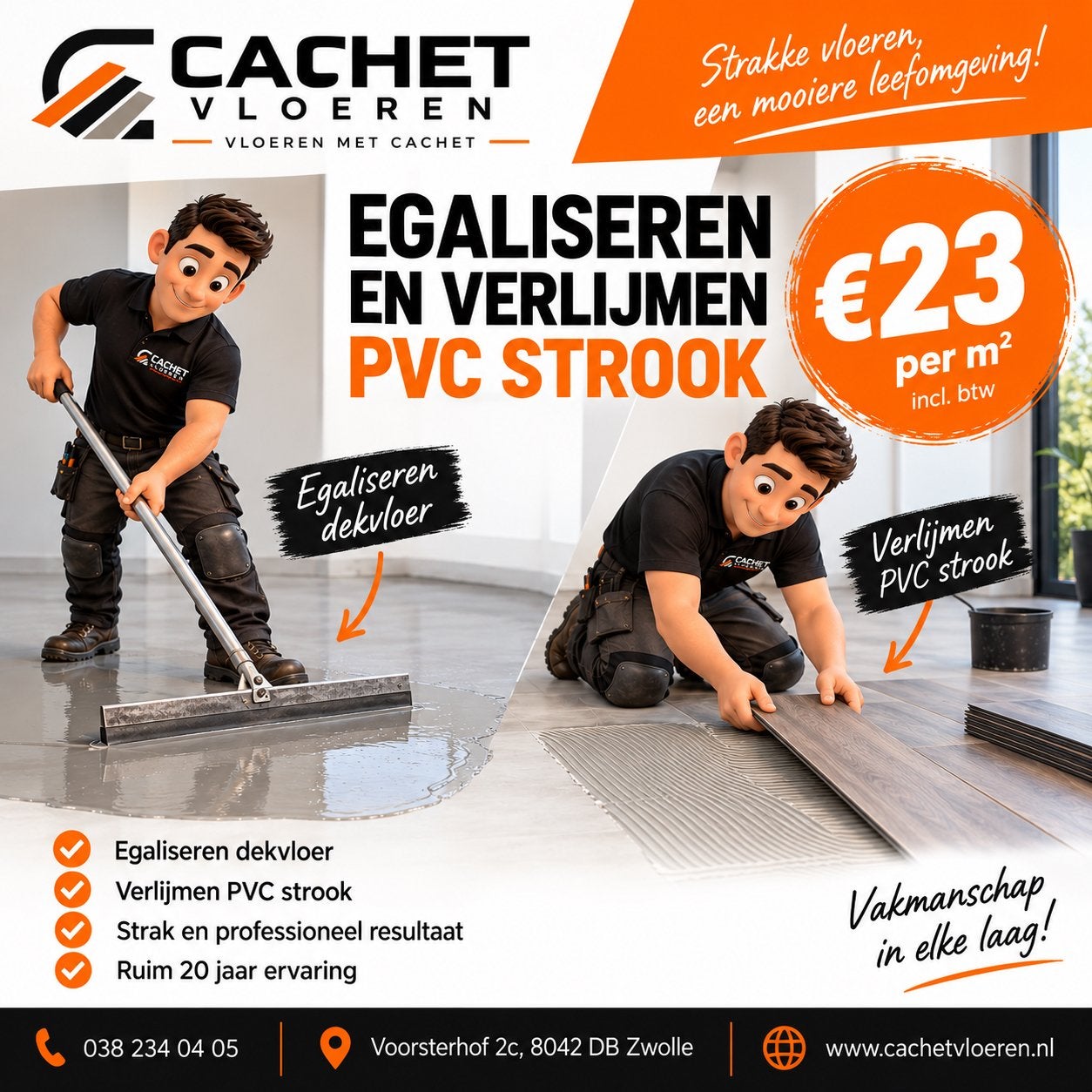 Plak PVC laten leggen – €23 per m2 - inclusief egaliseren
