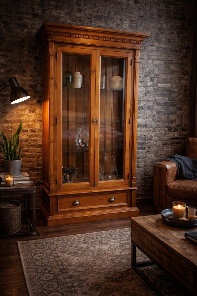 Honing Grenen Vitrine kast, Huis en Inrichting, Kasten | Vitrinekasten, Zo goed als nieuw, 25 tot 50 cm, Met deur(en), 50 tot 100 cm