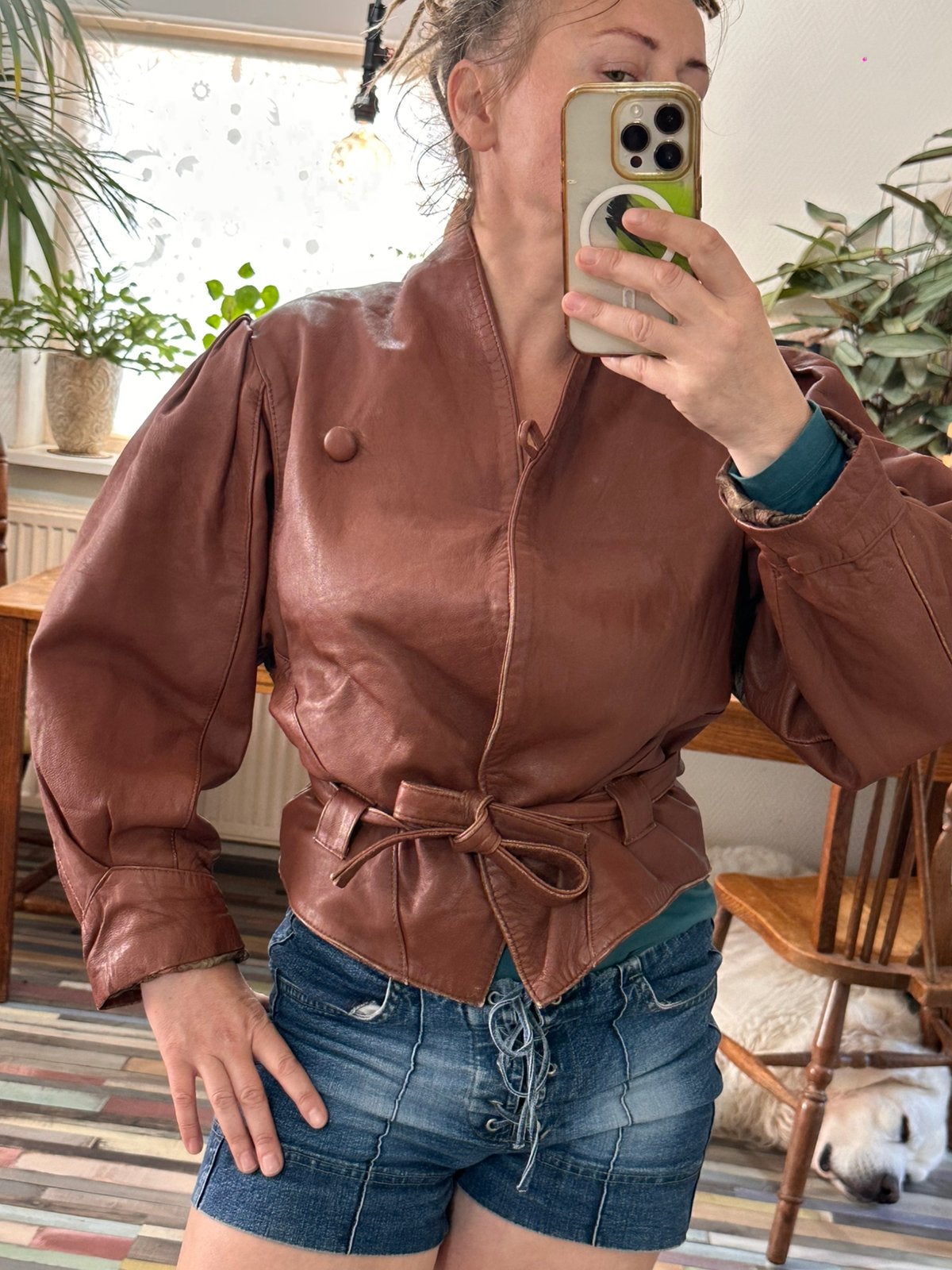 True vintage 80s cognac leather puff-sleeve belted jacket  S, Ophalen of Verzenden, Gedragen, Maat 36 (S), Bruin