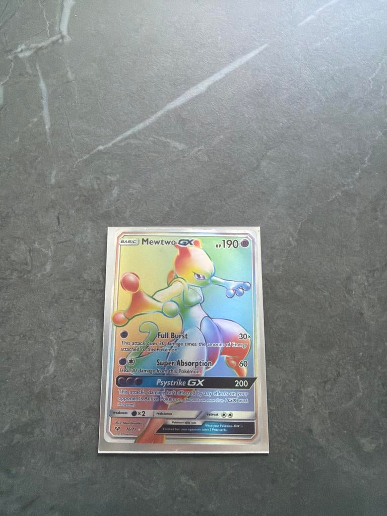 Mewtwo GX Rainbow Rare Pokémon Kaart met Sleeve, Ophalen of Verzenden, Zo goed als nieuw, Losse kaart, Foil
