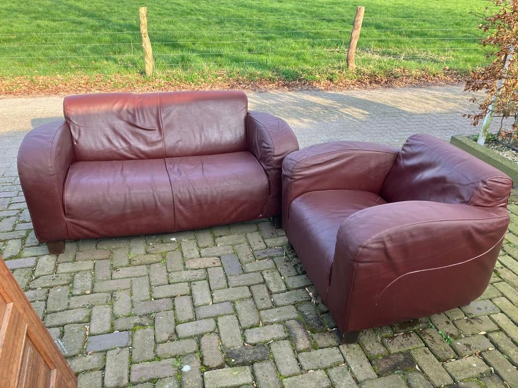 Gratis mooie cognac kleurig leren Bankstel, Ophalen, 250 tot 300 cm, Gebruikt, Driepersoons
