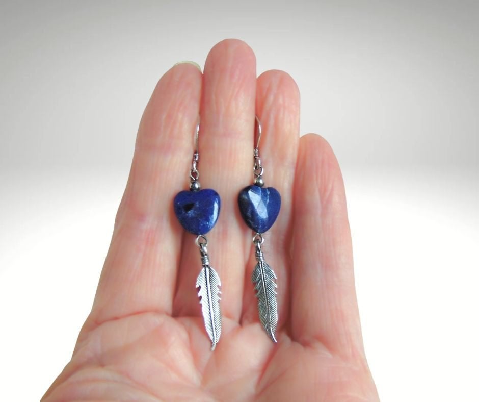 Mooie 925 zilveren LAPIS LAZULI hart en veer oorbellen!, Hangers, Verzenden, Zo goed als nieuw, X