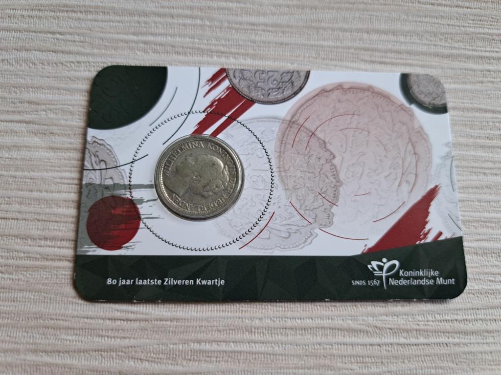 ZELDZAAM coincard Afscheid zilveren kwartje Met 1941 PP, Ophalen of Verzenden, Koningin Wilhelmina, 25 cent, Zilver