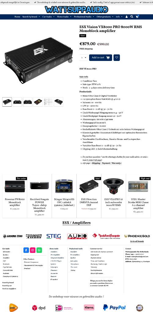 ESX Vision VX8000 PRO 8000W RMS Monoblok versterker, Audio-design, Nieuw, Am Breilingsweg 3, 76709 Kronau, Duitsland, Ophalen of Verzenden