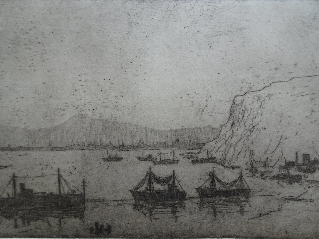 Ets krijtrotsen, schepen kust Z-Engeland, Poppe Damave, Antiek en Kunst, Kunst | Etsen en Gravures, Ophalen of Verzenden, Landschap