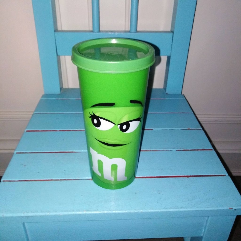 M&M plastic beker blauw groen en geel, Ophalen, Glas of Glazen, Kunststof, Gebruikt