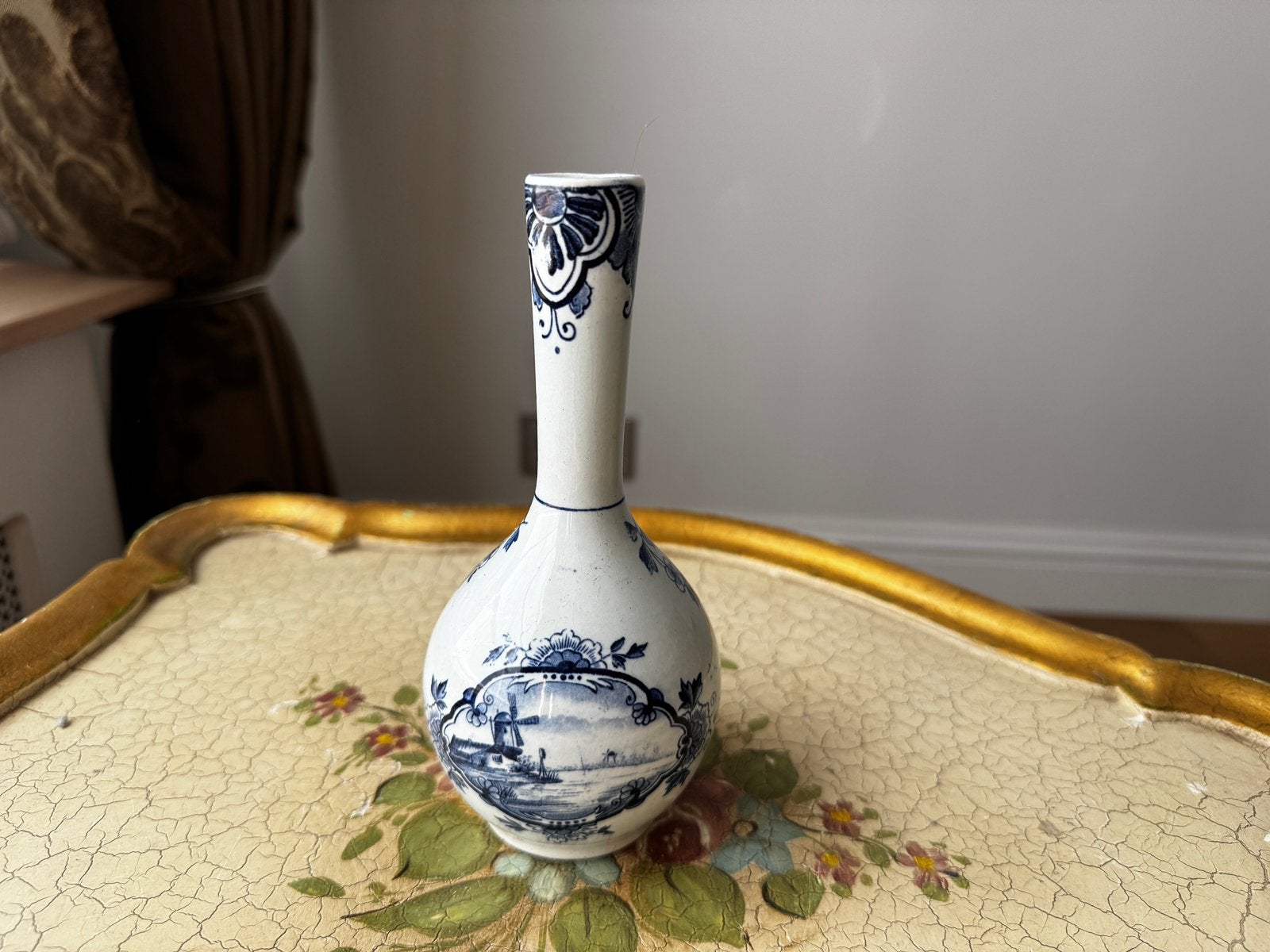 Antiek Delfts Blauw Knopvaasje - Handbeschilderd - 15 cm, Ophalen of Verzenden