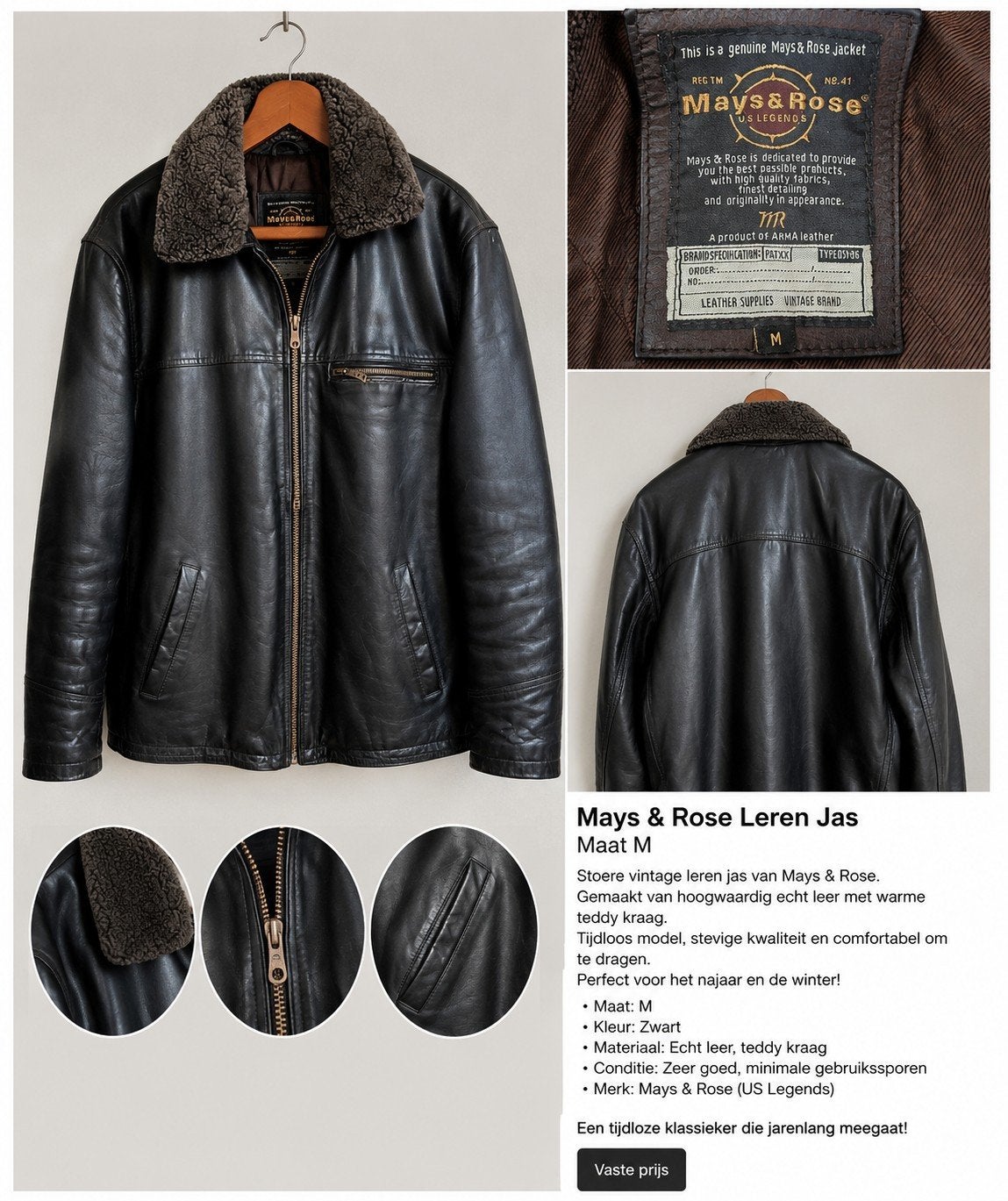 Vintage leren jas met teddy kraag, Mays & rose, Maat 48/50 (M), Zwart, Ophalen of Verzenden