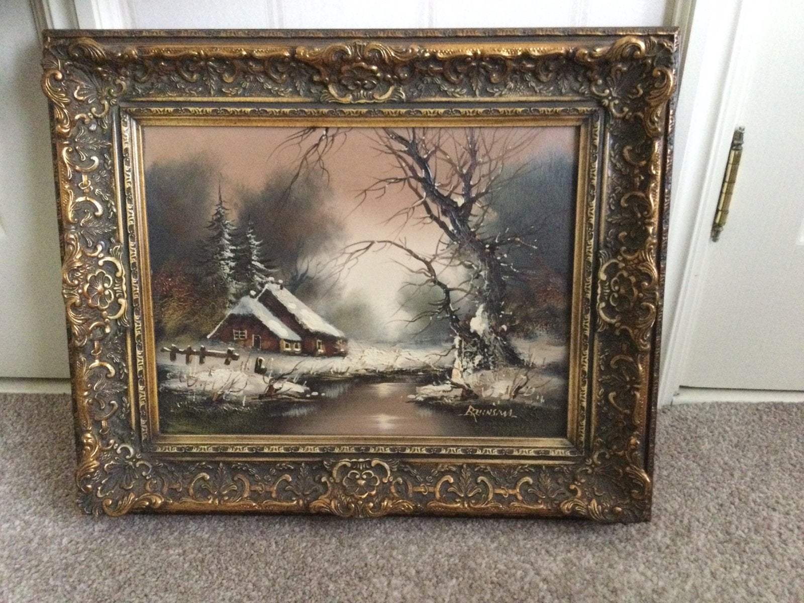 Schilderij olieverf op doek, met mooie lijst winterlandschap, Ophalen of Verzenden, Olieverf, Landschap