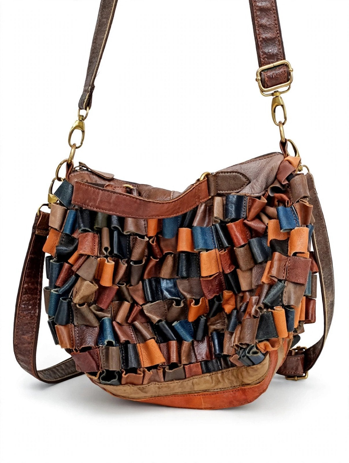 Boho Leren Patchwork Schoudertas - Handgemaakt & Uniek, Ophalen of Verzenden