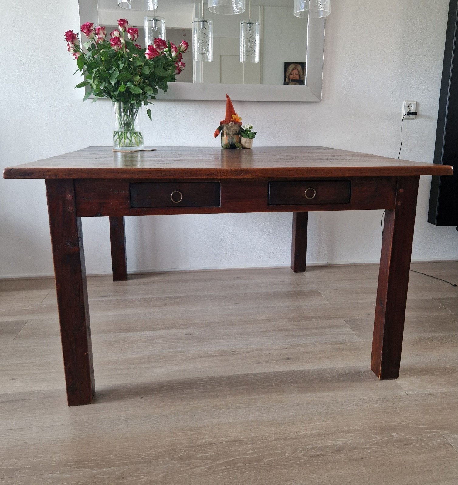 Teak houten eettafel 1.40 x 1.40 met twee lades, Huis en Inrichting, Ophalen, Gebruikt, Vijf personen of meer, 100 tot 150 cm
