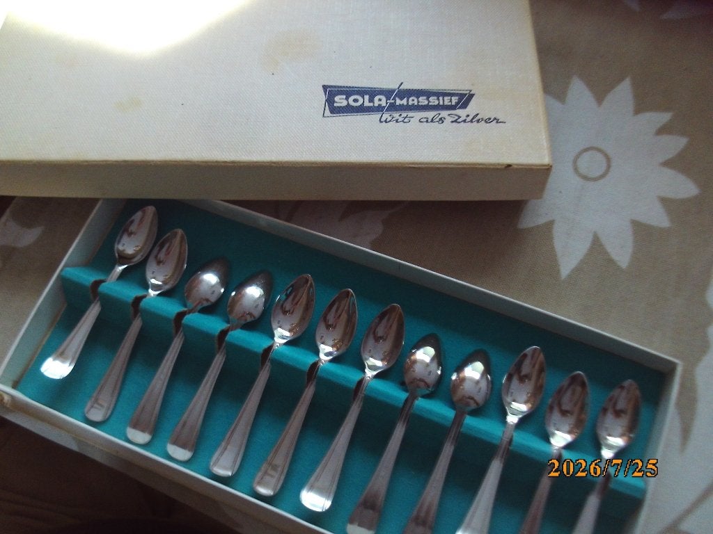 12 lepeltjes Sola Massief wit als zilver in org doos lng 9cm, Ophalen of Verzenden