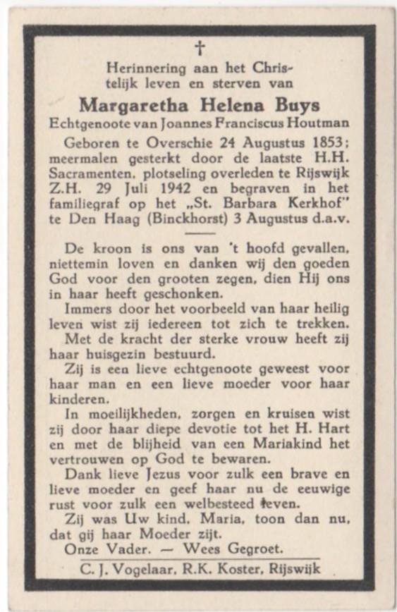Margaretha H. Buys 1853 Overschie + 1942 Rijswijk (Z.H.), Verzenden