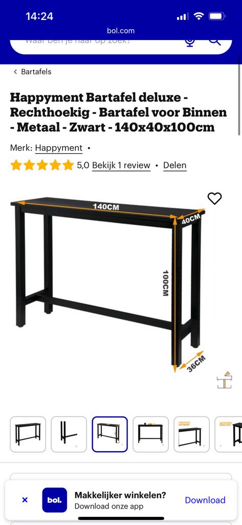 Bartafel zwart – €60, 100 tot 150 cm, Ophalen of Verzenden, Zo goed als nieuw, Metaal