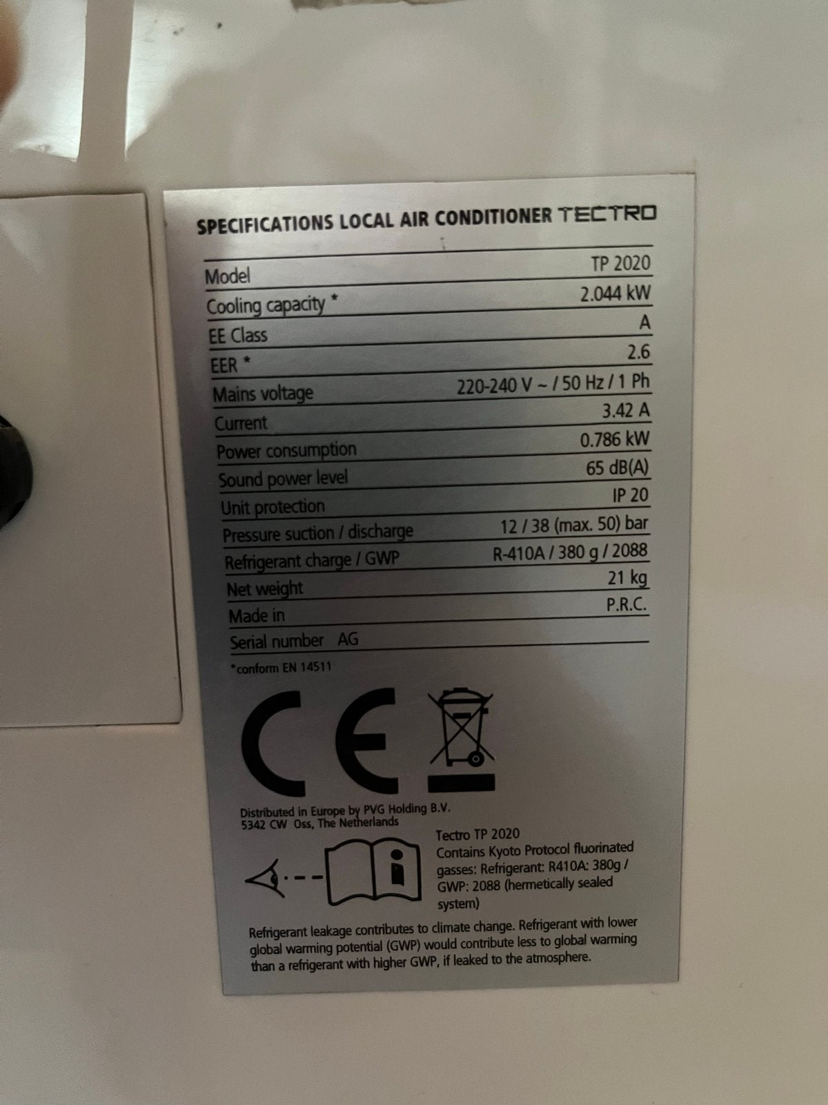 Tectro TP 2020 Mobiele Airco - Koelen en Ontvochtigen, Witgoed en Apparatuur, Ophalen, Gebruikt, Minder dan 60 m³, 3 snelheden of meer