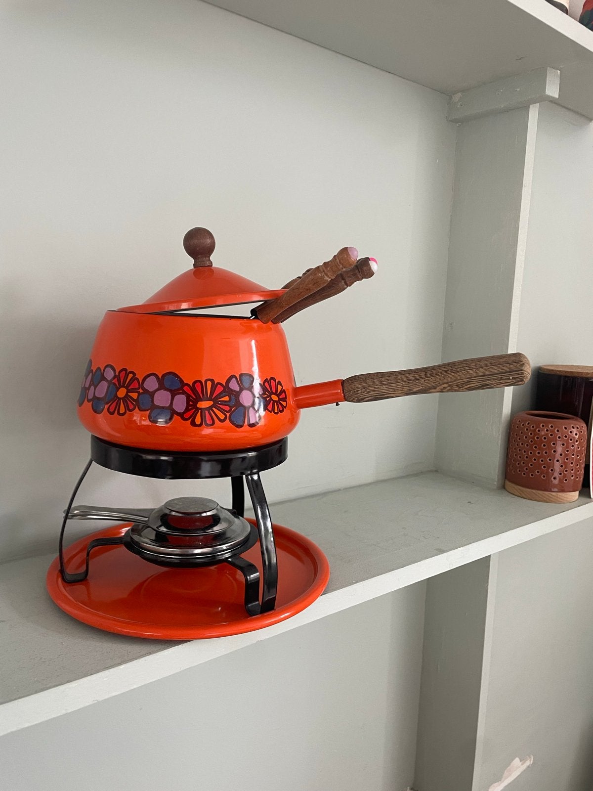 Brabantia Fondue Set - Vintage Oranje met Bloemenpatroon, Ophalen, Gebruikt, Brander, Fondueset