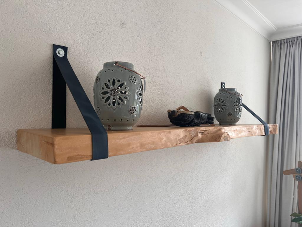 Wandplank 150 cm met leren houders, Ophalen, Gebruikt