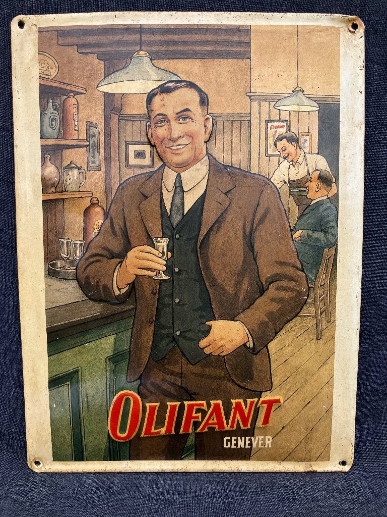 Oud blikken reclamebord voor Olifant genever, Verzamelen, Ophalen of Verzenden, Gebruikt, Reclamebord