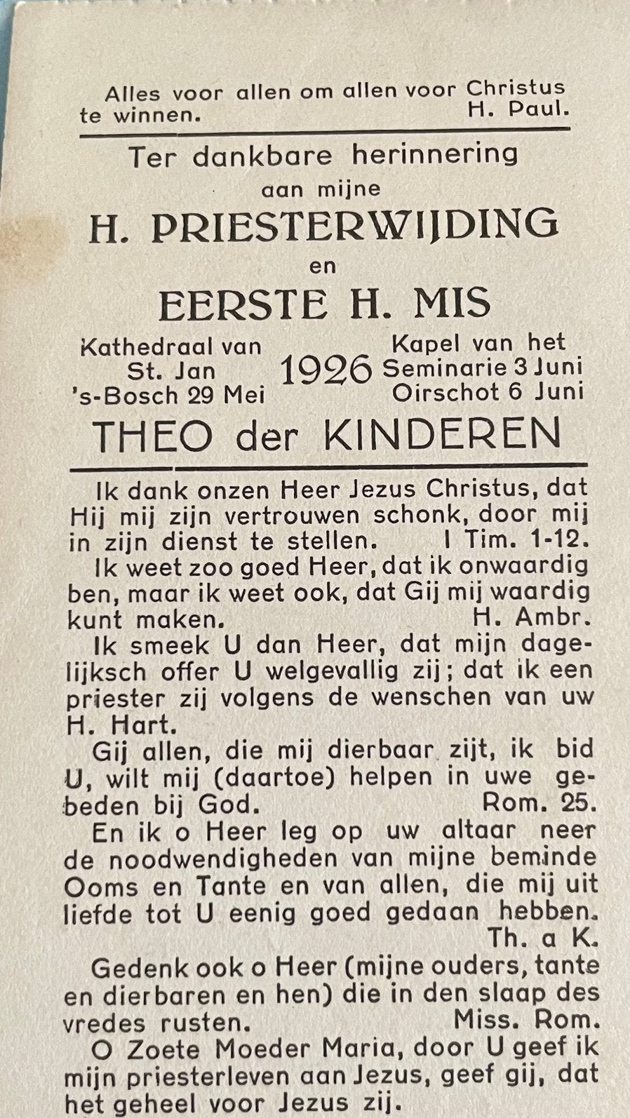 Theo der Kinderen priester 29 Mei 1926,, Antiek en Kunst, Antiek | Religie, Ophalen of Verzenden