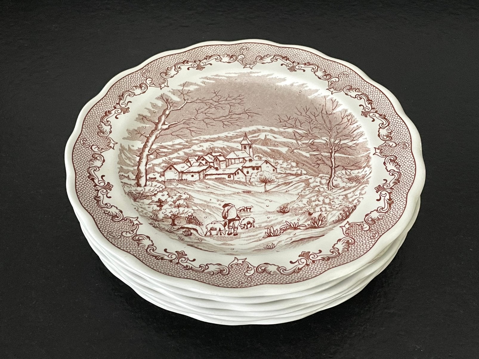 6 Vintage Italiaanse Diner-Borden Swiss Landscape Landelijk, Ophalen, Overige merken, Keramiek, Landelijk/Boerenbont