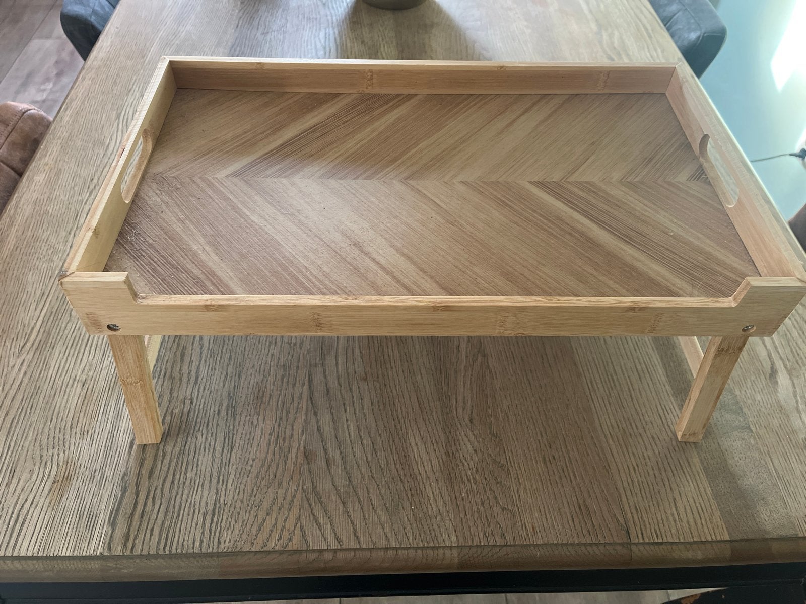 Bamboe bedtafel / dienblad met opklapbare poten, Ophalen, Zo goed als nieuw, Rechthoekig, Hout